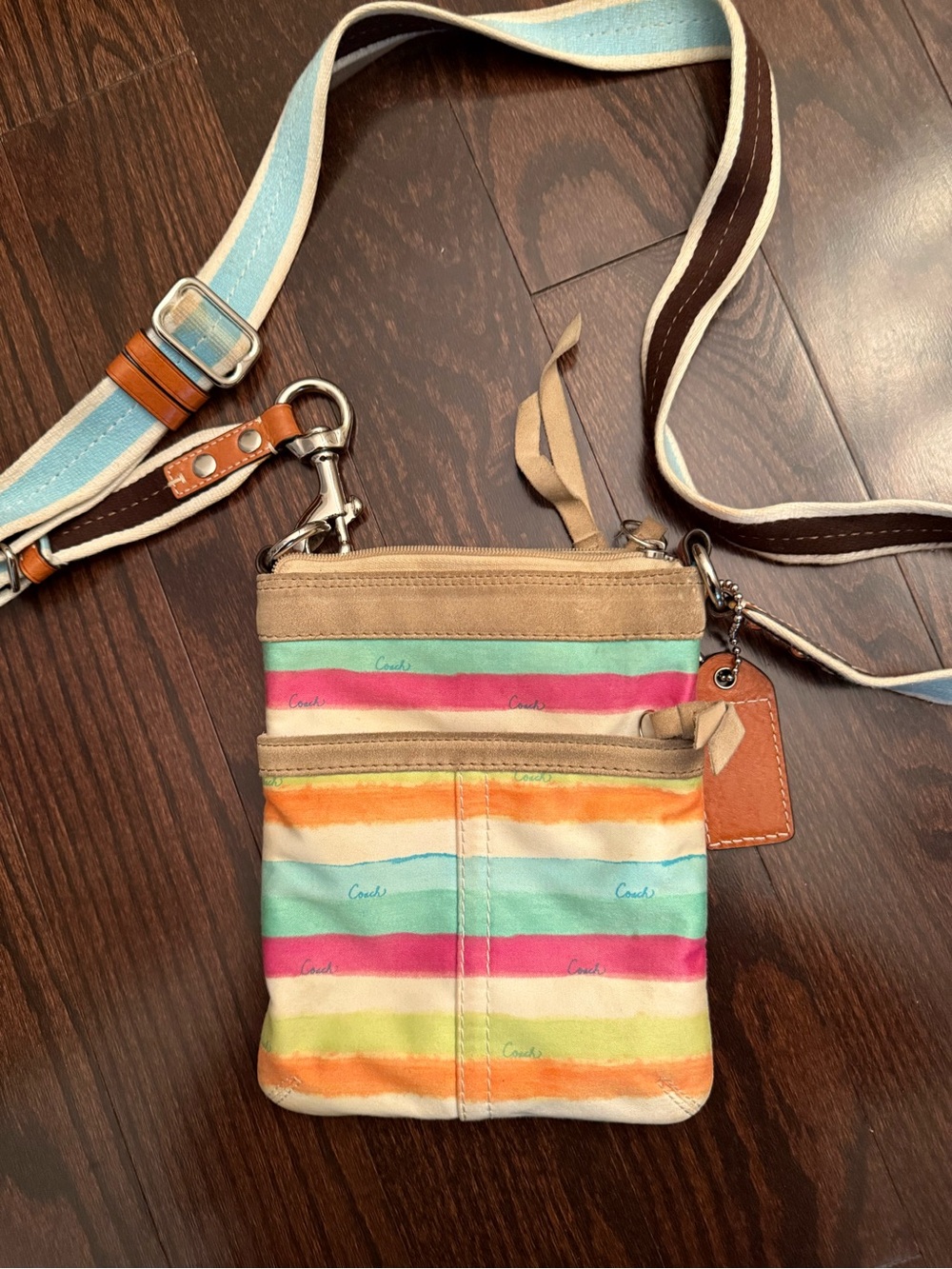 Coach Multicolor Striped Crossbody Bag with Tan Trim and Brown Strap